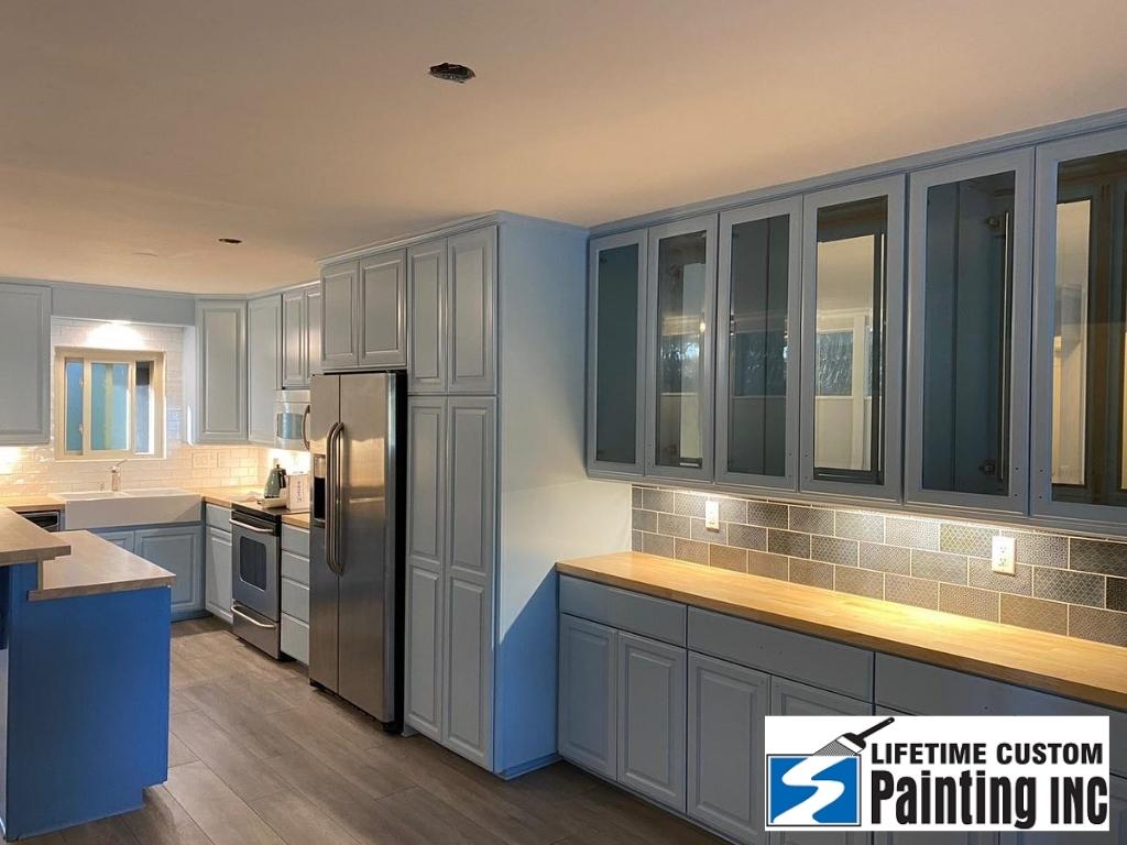 Homestead blue-colored kitchen cabinets.